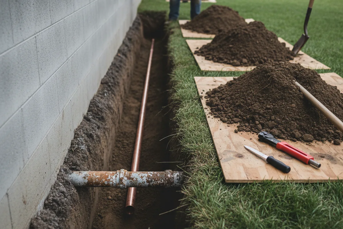 Excavated water line trench during Sewer Line Repair in Aledo